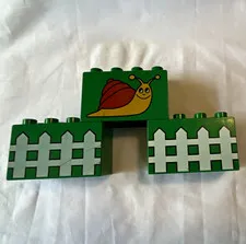 LEGO DUPLO Printed Fence & Snail Bricks Lot of 3 Green White Yellow Brown