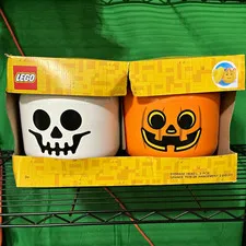 LEGO Storage Head 2-Pack Halloween Pumpkin & Skull Containers, 10 inches tall