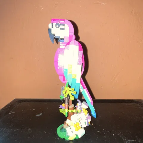 LEGO Parrot Custom Build Bird Figure on Stand Pink White Blue Green