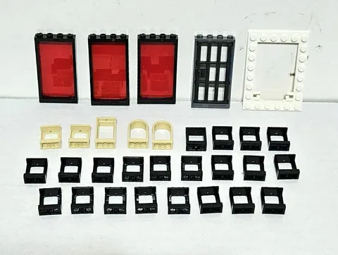 LEGO Lot of 31 Window and Door Frames Trap Door Jail Cell Door Red Panes