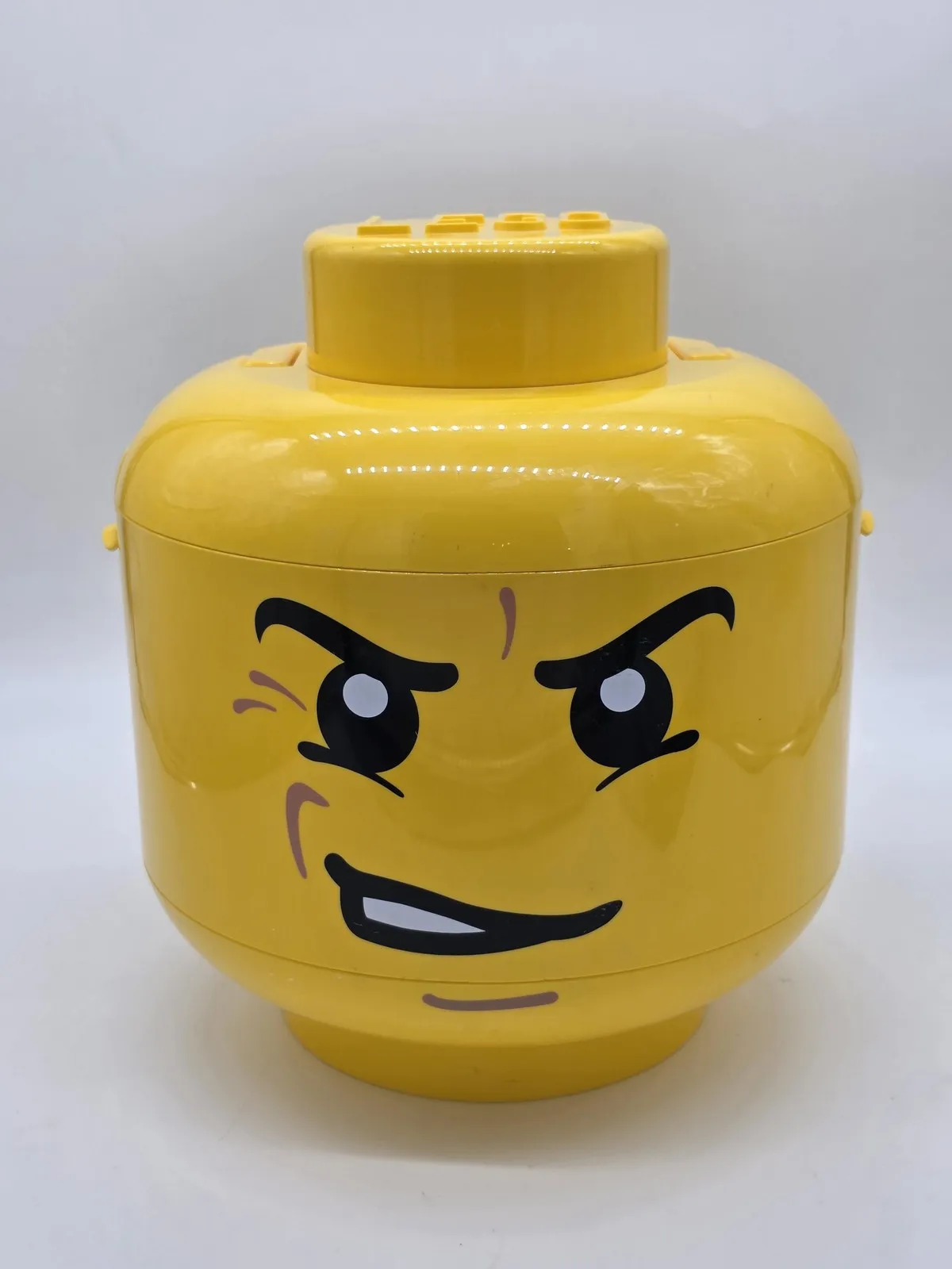 LEGO Yellow Large Minifigure Storage Head Angry Face Bin Toy Stackable