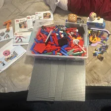 LEGO Bulk Lot Mixed Bricks & Pieces w/ 5 Gray Baseplates, Container