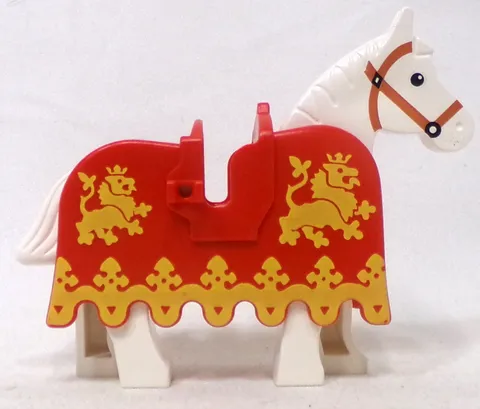 LEGO Castle white Horse with Red Ruffled Edge Horse Barding With Lions