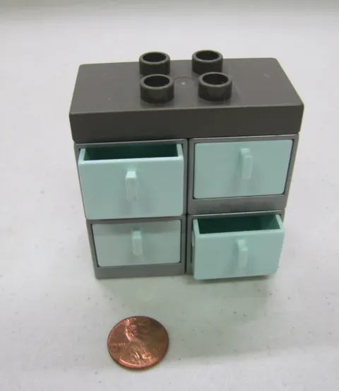 Lego Duplo Silver Cabinet w/ 4 Aqua Blue Drawers Dresser For Room Vintage House