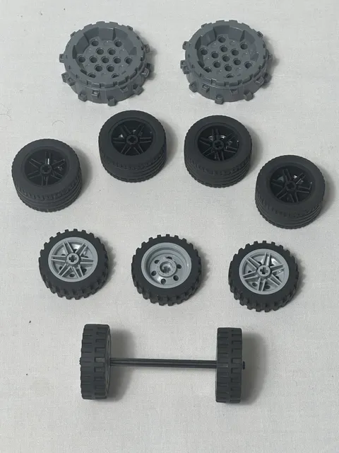 Genuine LEGO Wheels Lot – Mixed Sizes  – 11x Tires and Rims + 1 Axle