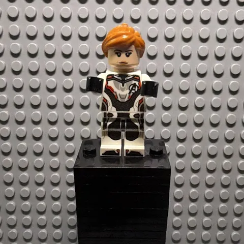 LEGO Minifigure White Outfit w/ Black/Red Armor Print, Orange Hair, Accessories