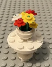LEGO Flower Pot On A Table, Red White And Yellow Flowers