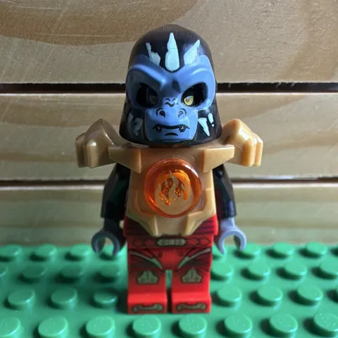 LEGO Gorzan Minifigure w/ Black Helmet Hood, Tan Armor & Red Legs