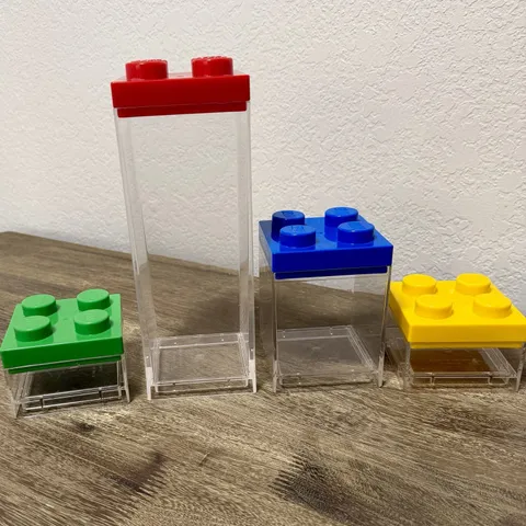 LEGO Storage Containers Lot of 4 Brick Shaped Clear Boxes Red Blue Green Yellow