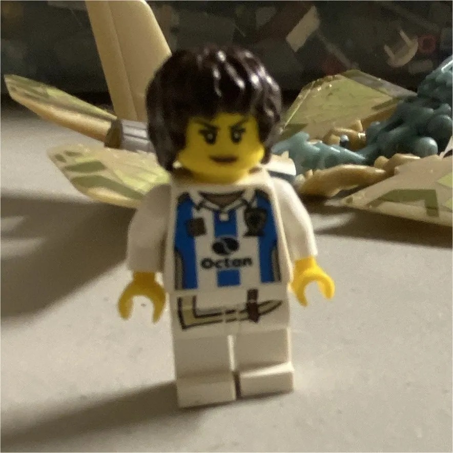 LEGO Octan Minifigure White Outfit Blue Stripes Octan Logo Brown Hair