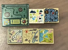 Lego Lot of 6 Map Decorated/Printed Tiles Mostly 2x2 Tan Tiles