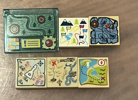 Lego Lot of 6 Map Decorated/Printed Tiles Mostly 2x2 Tan Tiles