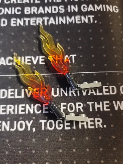 x2 LEGO Exhaust Flames, Red and Yellow Marbled Fire Flame Pieces Ready To Attach