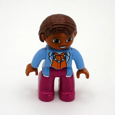 Lego Duplo Woman Mom Figure with Magenta Pants Blue & Orange Shirt Necklace