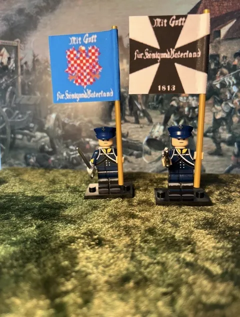 2x Minis Prussian Silesian Napoleonic Landwehr Infantry +2 Flags LEGO Flagpoles
