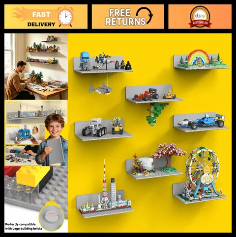 8-Pack Wall Display Shelves for Lego Bricks, Dual-Sided Toy Storage, Gray 11.3x6