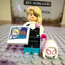 LEGO Female Blonde Minifigure w/ White Hood & Printed Tile Accessory Plastic