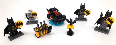 LEGO DC Comics Batman Minifigures Lot (4) + Mini Batmobile, Weapons Stand & More