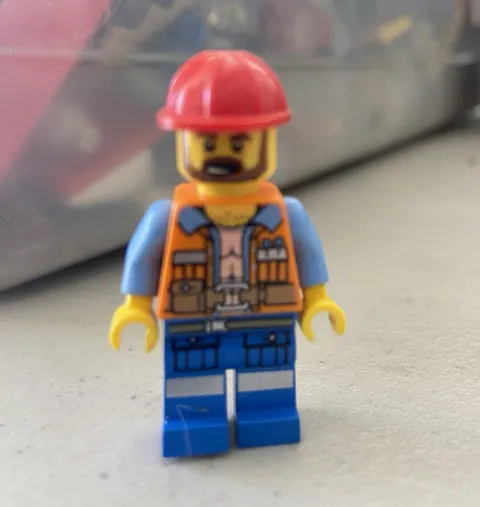 LEGO Construction Worker Minifigure Red Hard Hat Safety Vest Blue Legs