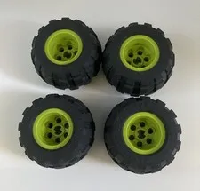Lot Of 4 Lego Technic Wheels Lime Green Rims Black Balloom Tires 43.2 x 28 S