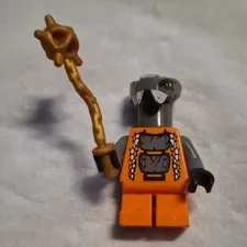 LEGO Minifigure Orange Torso Outfit Grey Helmet Head with Gold Staff