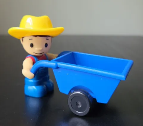 Duplo Lego Farmer Boy with Wheelbarrow Blue Overalls Yellow Cowboy Hat Red Shirt