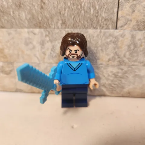 LEGO Minecraft Steve Minifigure with Diamond Sword Bearded Face Blue Shirt
