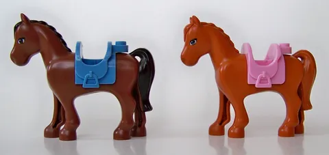 Lot of 2 Lego Friends white blaze Horses w/ 2x2 cutouts & pink & blue Saddles  