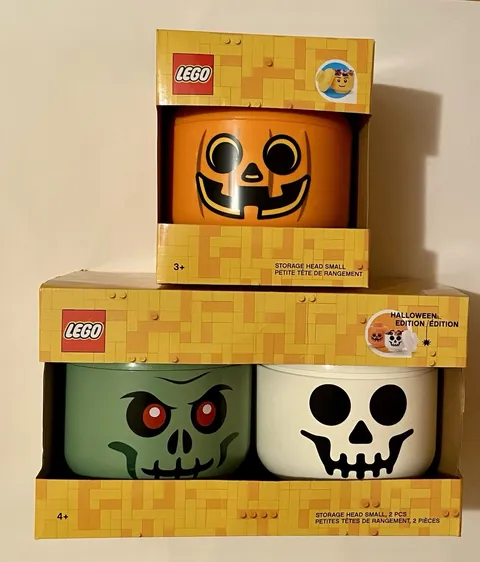 🎃 3 LEGO Brick Storage Head Small PUMPKIN/WHITE SKELETON/ZOMBIE Halloween