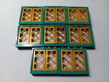 LEGO LOT 8 DARK TURQUOISE WINDOW FRAMES 1X4X3 WITH GOLD LATTICE PANES #60594
