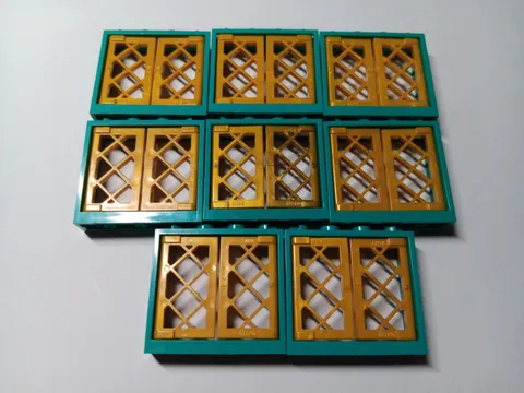 LEGO LOT 8 DARK TURQUOISE WINDOW FRAMES 1X4X3 WITH GOLD LATTICE PANES #60594