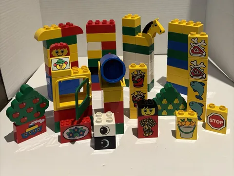 Vintage LEGO DUPLO Printed Brick Lot 43 Pieces Door Horse Tree Food Camera