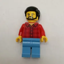 LEGO Minifigure w/ Black Hair & Beard, Red Plaid Shirt & Blue Legs