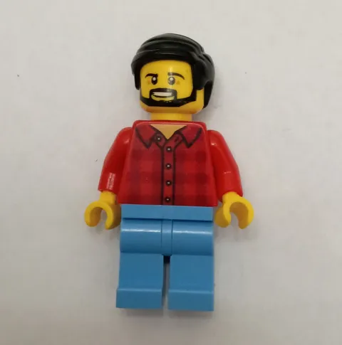 LEGO Minifigure w/ Black Hair & Beard, Red Plaid Shirt & Blue Legs