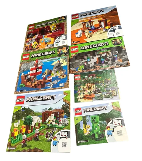 7 Lego Minecraft Instruction booklets 21159, 21152, 21154, 21141, 21167,  21160