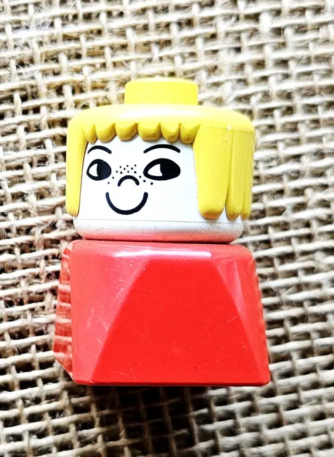 Vintage Lego Duplo Block Base Girl Figure Blonde Red Dress 1.75"