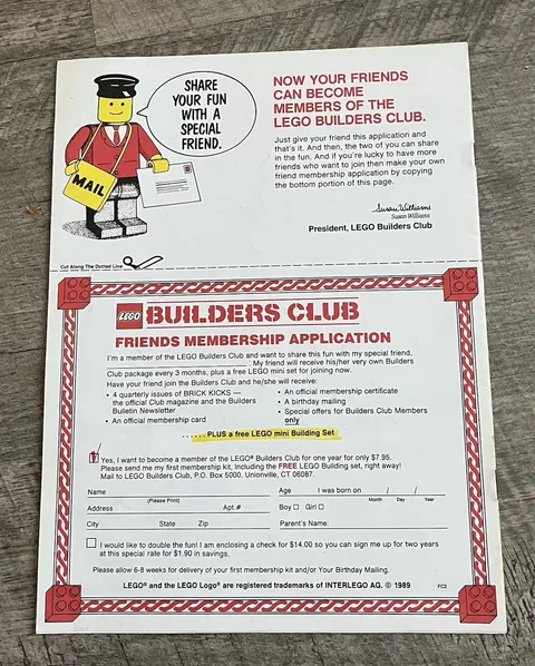 Extremely rare 1990 LEGO builders club friend application attached uncut MINT 