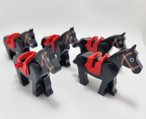 LEGO Horse animal figures lot of 5 black printed horses with red saddles