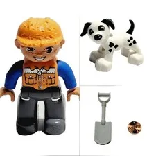 3 LEGO Duplo Action Figures Construction Worker Man Dalmatian Dog & Gray Shovel