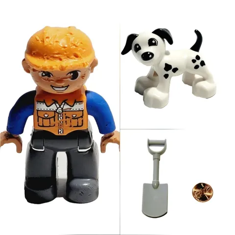 3 LEGO Duplo Action Figures Construction Worker Man Dalmatian Dog & Gray Shovel
