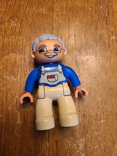 Lego Duplo Male  Grandfather Grey Hair Tan Overalls Blue Shirt  Action Figure