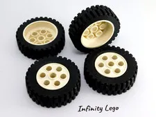 4 LEGO Vintage 80's Tyres 13 x 24 & Stepped White Hubs Rim (2695 2696) 4 Pieces