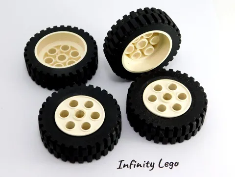 4 LEGO Vintage 80's Tyres 13 x 24 & Stepped White Hubs Rim (2695 2696) 4 Pieces
