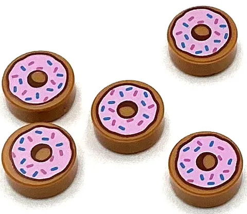 Lego 5 New Medium Nougat Tiles Round 1 x 1 with Donut / Doughnut Parts