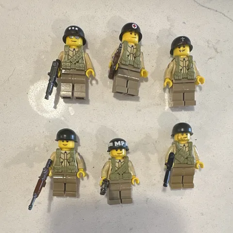 LEGO WWII Soldiers Minifigures Lot - 6 Minifigures w/ Helmets Backpacks Weapons