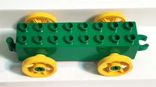 Green Duplo Green Car Wagon Base 2 x 8  With Large Yellow Spoked Wheels