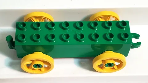 Green Duplo Green Car Wagon Base 2 x 8  With Large Yellow Spoked Wheels