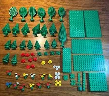 Lot of 60+ pieces vintage Lego trees, flowers, bases, variety, 9+ ounces
