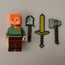 LEGO Minecraft Alex Minifigure min017 Lot with Gold Sword Stone Axe & Shovel