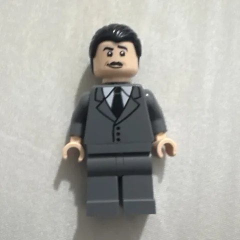 LEGO Minifigure Gray Suit Torso Dark Gray Legs 2-Sided Mustache Head Black Hair